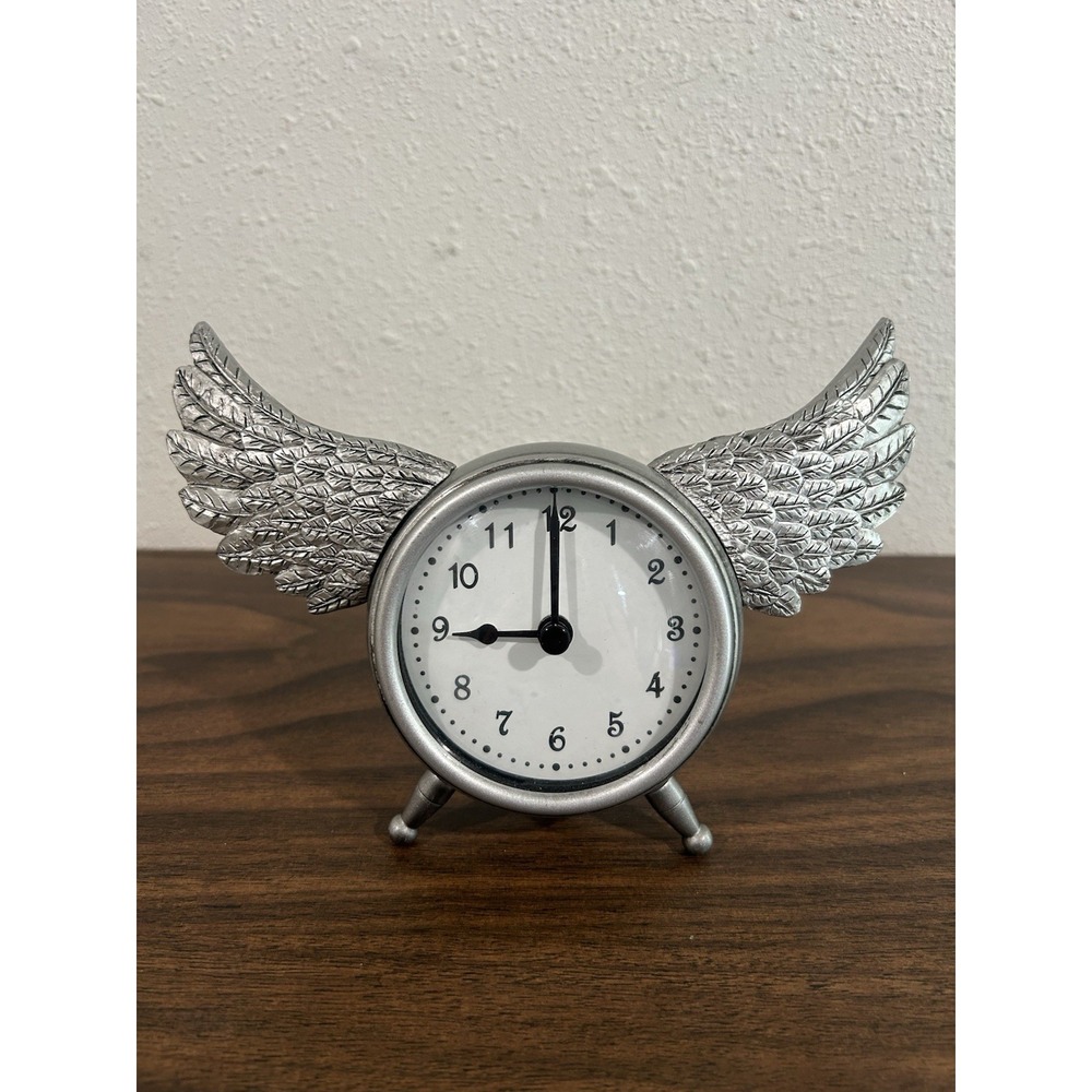 Pottery Barn Kids Clock Time Flies Wings Analog Silver Tone Junk Gypsy